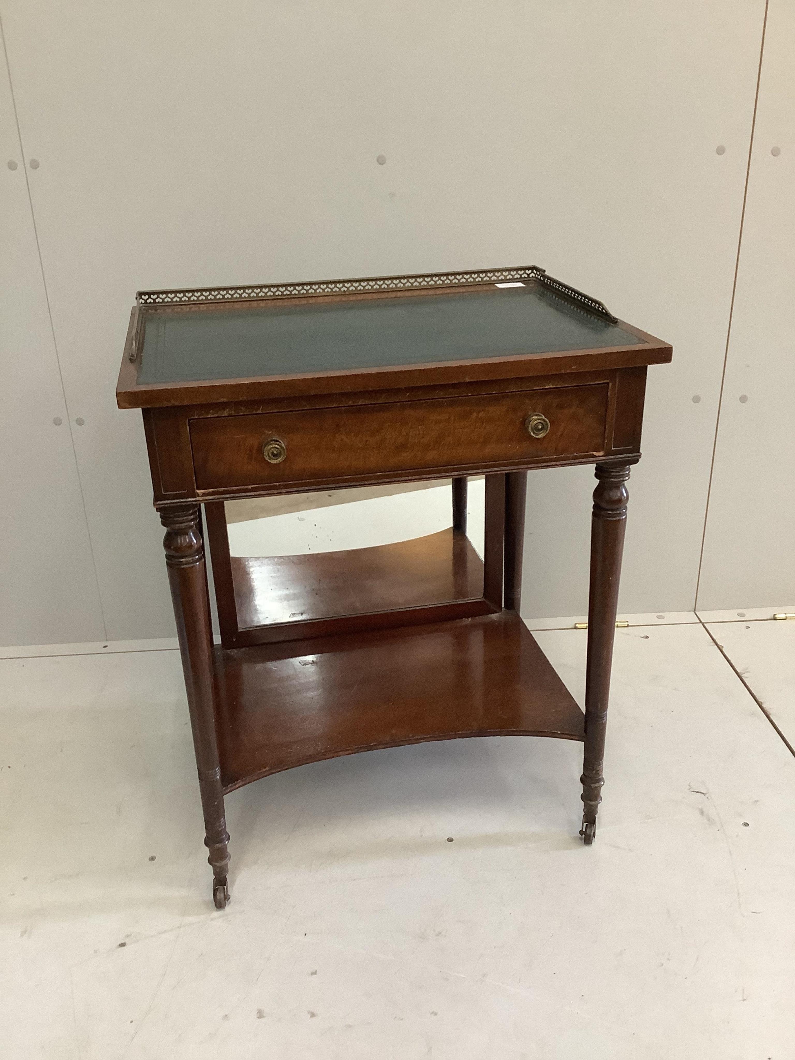 A Regency style mahogany writing / dressing table with rising mirror, width 62cm, depth 45cm, height 75cm. Condition - fair